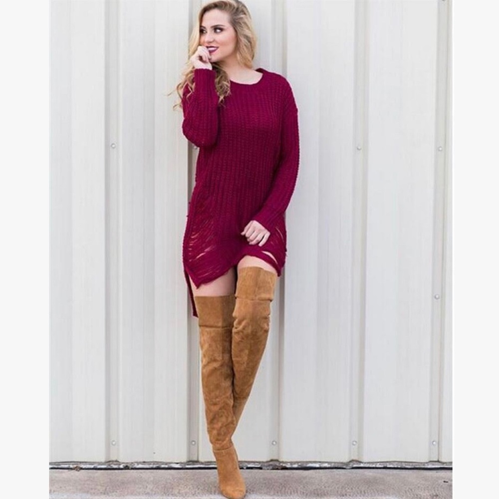 Sexy Wine Ripped Long Sleeve Sweater Dress - Picture 4 of 6